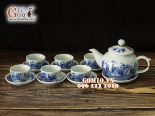Bộ ấm chén dáng quả hồng men lam cổ, vẽ trúc lâm thất hiền 350ml