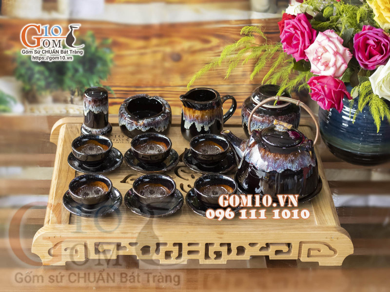 Bộ ấm chén dáng siêu đỏ men hỏa biến, đầy đủ phụ kiện 500ml