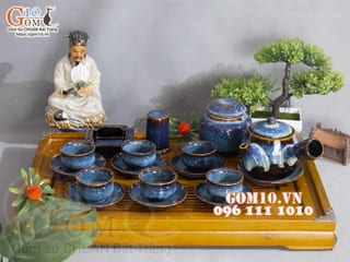 Bộ ấm chén dáng quai ngang men hỏa biến xanh đá đầy đủ phụ kiện 350ml