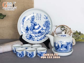 Bộ ấm chén dáng vại men lam cổ vẽ Trúc Lâm Thất Hiền, khay tròn 450ml
