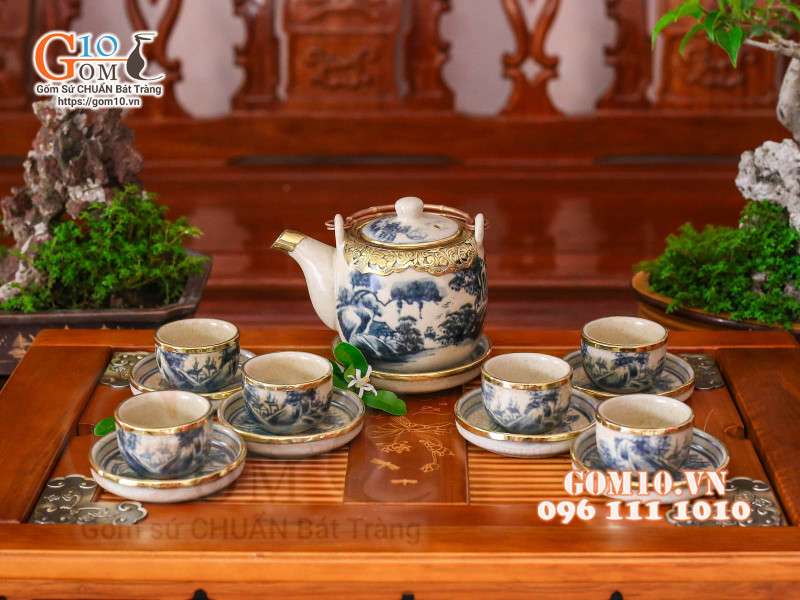 Bộ ấm chén dáng vại men rạn cổ bọc đồng, 500ml