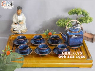 Bộ ấm chén dáng vuông men hỏa biến xanh đá 400ml
