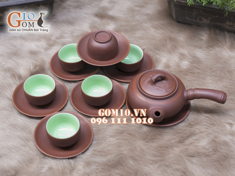Bộ ấm chén gốm Trúc nâu, chén lòng xanh