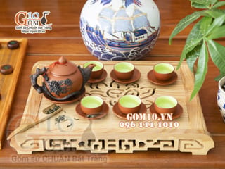 Bộ ấm chén gốm tử sa đắp nổi hoa Phù Dung đen đỏ, 500ml