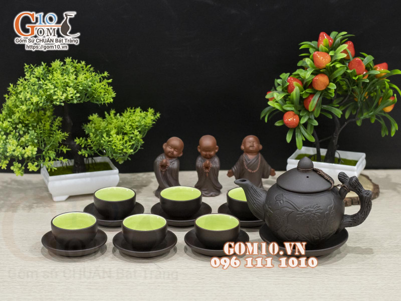 Bộ ấm chén gốm tử sa đen khắc Chim hoa 380ml