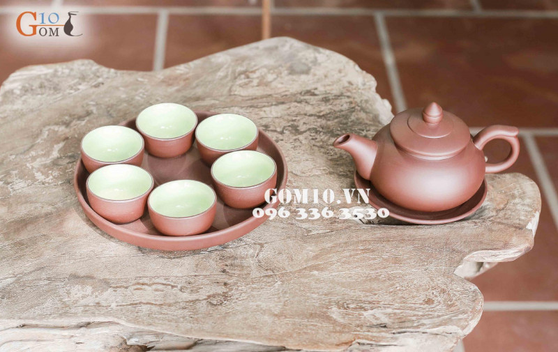 Bộ ấm chén men gốm dáng Chóp nâu, khay tròn