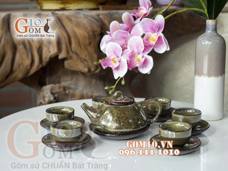 Bộ ấm chén men hỏa biến CỐT GỐM dáng dẹt, 200ml