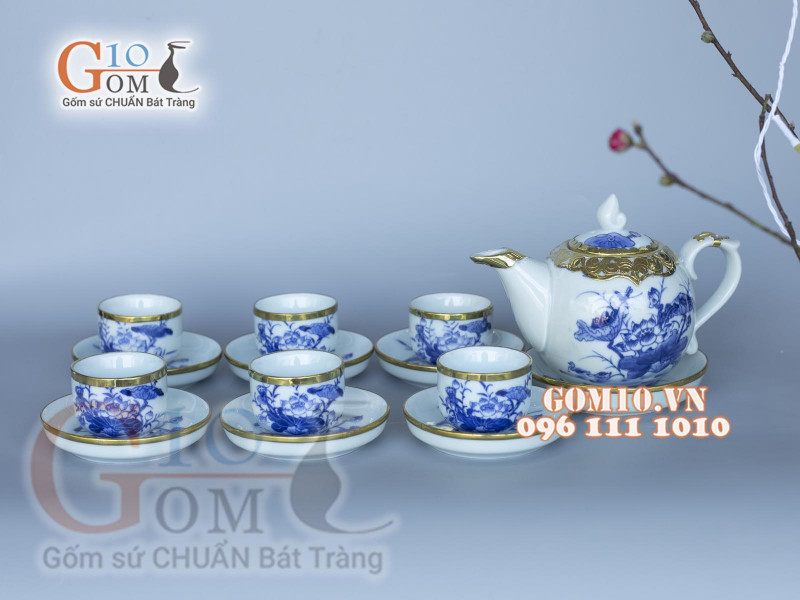 Bộ ấm chén dáng chóp men lam cổ vẽ sen bọc đồng 350ml