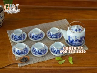 Bộ ấm chén men lam dáng vại vẽ Trúc lâm thất hiền, chỉ vàng kim 450ml