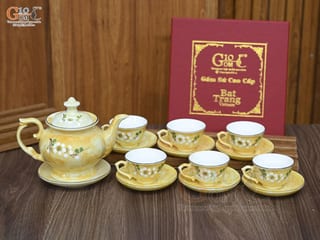 Bộ ấm chén phú quý men đá màu vàng họa tiết hoa Đào xanh, 500ml