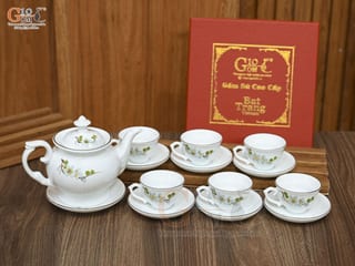 Bộ ấm chén phú quý men trắng họa tiết hoa Đào xanh, 500ml