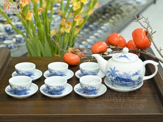 Bộ ấm chén quả hồng men lam cổ cảnh Làng Quê, 350ml