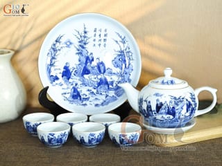 Bộ ấm chén quả hồng men rong cổ họa tiết Trúc Lâm Thất Hiền kẻ chỉ vàng kim, khay tròn 350ml