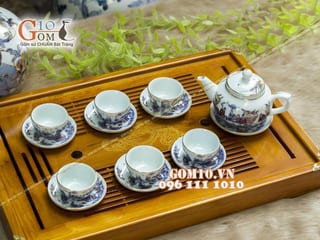 Bộ ấm chén quả hồng men rong cổ họa tiết Trúc Lâm Thất Hiền vẽ vàng 24k,350ml