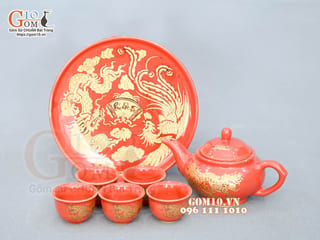 Bộ ấm chén thờ họa tiết Rồng Phúc - Lộc - Thọ vàng kim men đỏ, S2