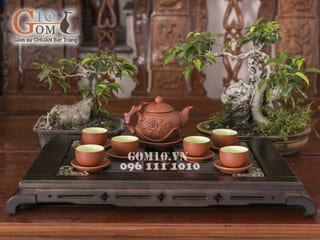 Bộ ấm chén tử sa đắp nổi hoa phù dung đỏ