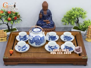 Bộ ấm chén vung lõm men lam cổ vẽ Mai Thọ, 330ml