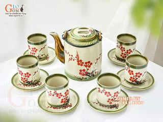 Bộ ấm tích men vuốt vẽ hoa đào, dung tích 1.5 Lít