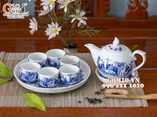 Bộ ấm chén dáng bưởi men lam, cảnh trúc lâm thất hiền dung tích 350ml
