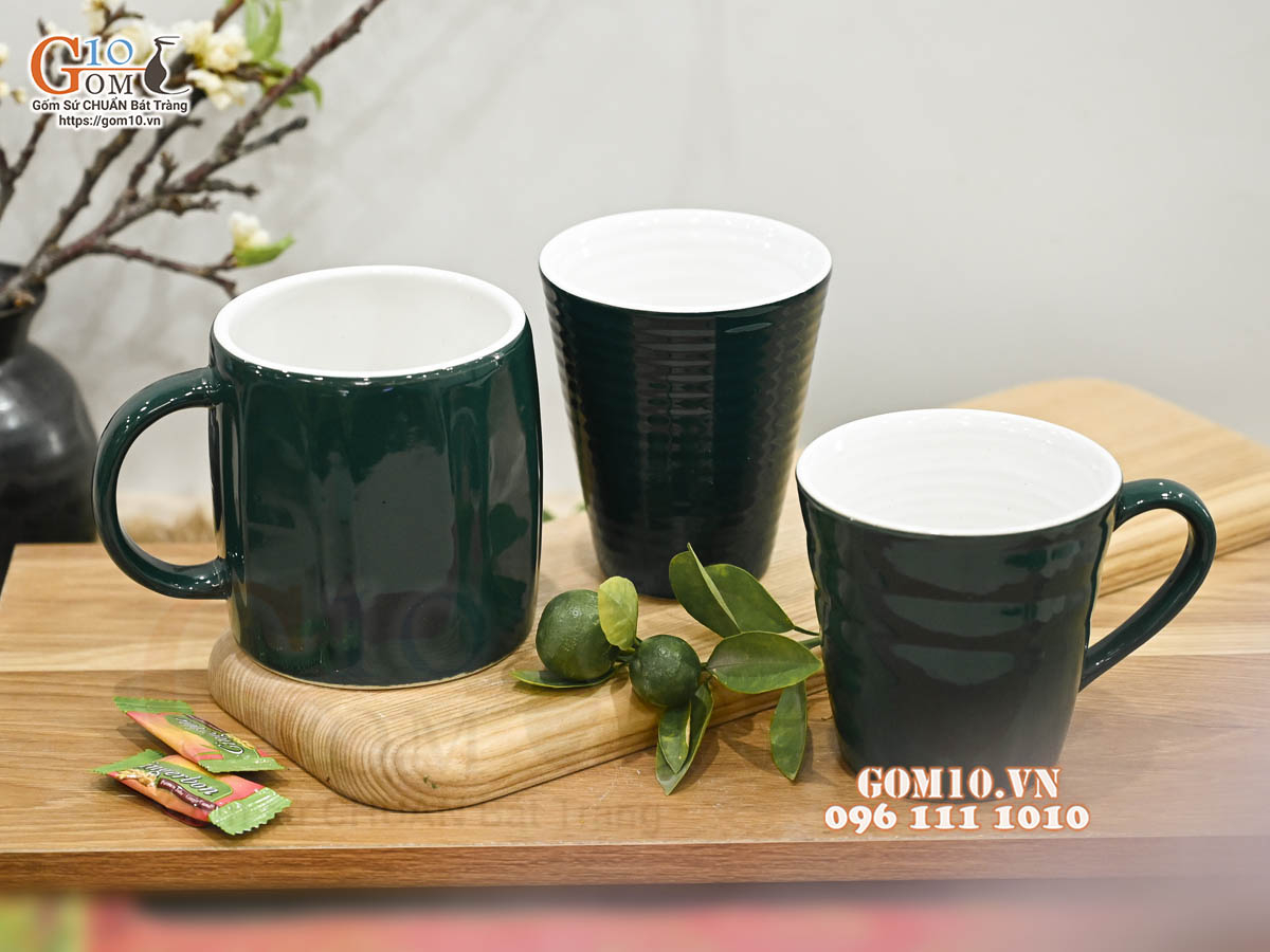 Bộ ba cốc sứ màu vàng xanh lục bảo lòng trắng