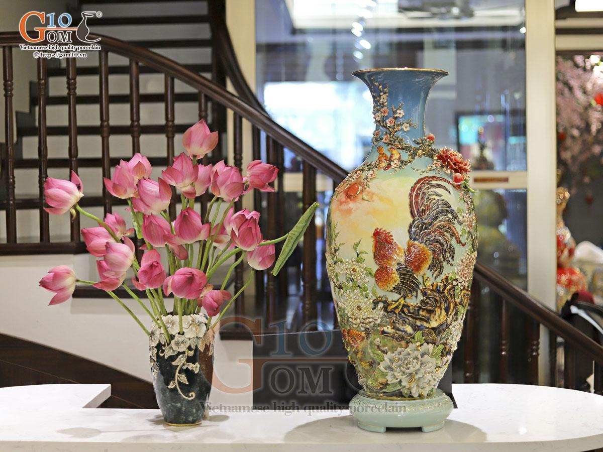 Bộ bảo bình phong thủy đắp nổi Kim Kê Đại Cát - Hoa Anh Thảo vẽ vàng 24k, cao 85cm