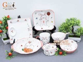 Bộ bát đĩa ăn dặm men trắng vẽ Thỏ chỉ hồng, 8 chi tiết