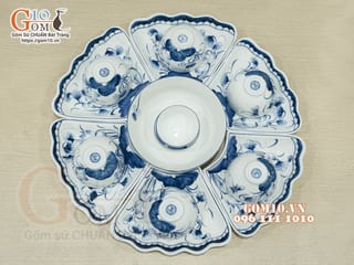 Bộ bát đĩa hoa mặt trời men trắng vẽ sen tràm cổ, kích thước 45cm