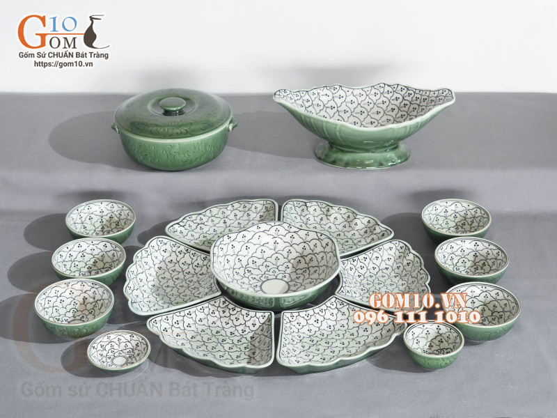 Bộ bát đĩa hoa mặt trời, đồng xanh vẽ Bèo, 55cm (17 chi tiết)