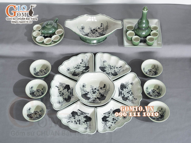 Bộ bát đĩa hoa mặt trời, đồng xanh vẽ Sen, 55cm (16 chi tiết)