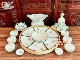 Bộ bát đĩa hoa mặt trời men kem vẽ Đài Sen, đầy đủ chi tiết 