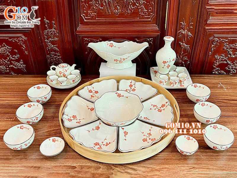 Bộ bát đĩa hoa mặt trời men kem vẽ hoa Đào đỏ, đầy đủ chi tiết 