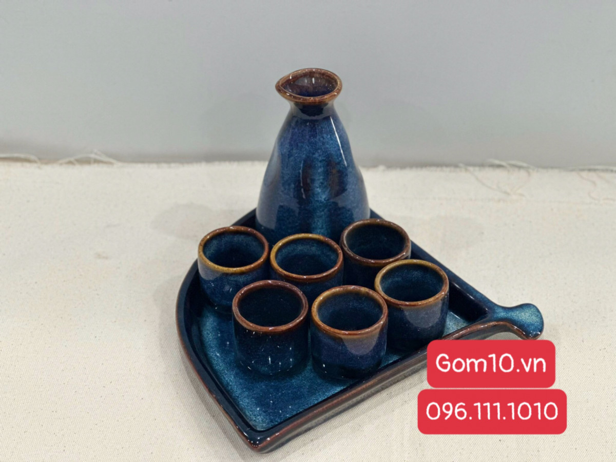 Bộ bình rượu sake men hỏa biến xanh đá