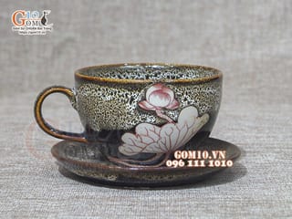Bộ cốc capu lớn men hỏa biến gấm vàng khắc sen