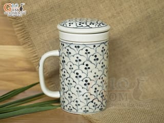 Bộ cốc sứ lọc trà men bóng vẽ bèo, 300ml