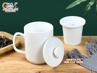 Cốc sứ lọc trà dáng quai vuông men trắng, 400ml