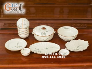 Bộ đồ ăn Đào xanh men kem