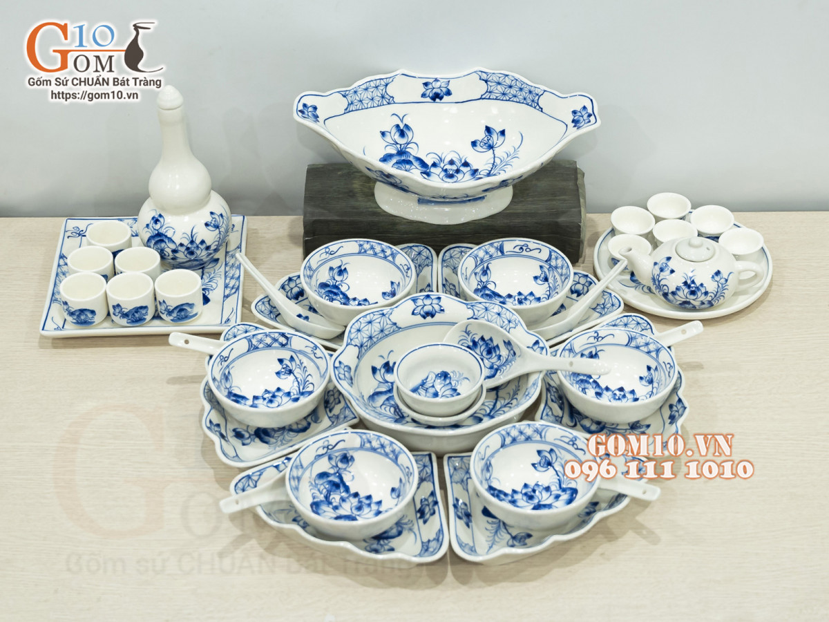 Bộ đồ ăn hoa mặt trời men cổ vẽ hoa Sen, 19 chi tiết, kích thước 55cm