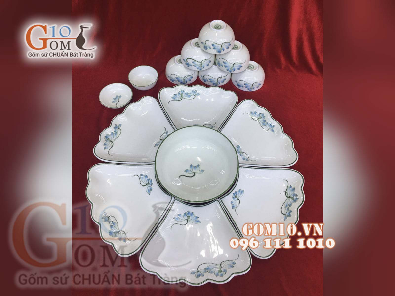 Bộ đồ ăn Hoa Mặt Trời men kem vẽ Sen xanh - Chỉ xanh