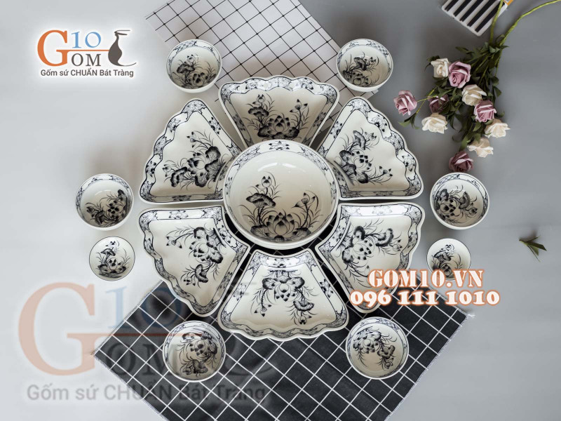 Bộ đồ ăn Hoa Mặt Trời vẽ Sen tràm 55cm