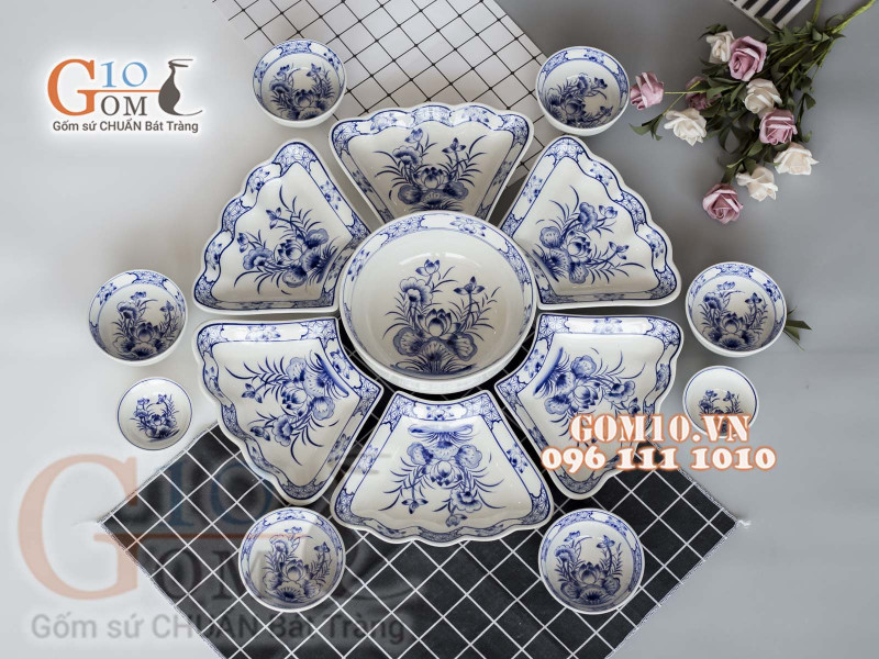 Bộ đồ ăn Hoa Mặt Trời vẽ Sen xanh viền cổ 45cm