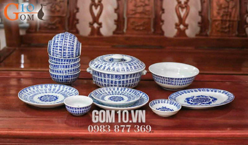 Bộ đồ ăn men cổ họa tiết Trăm Chữ Thọ