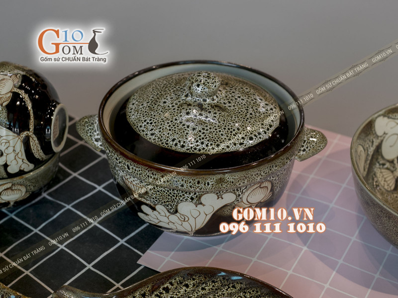 Bộ đồ ăn men hỏa biến gấm vàng khắc sen 002