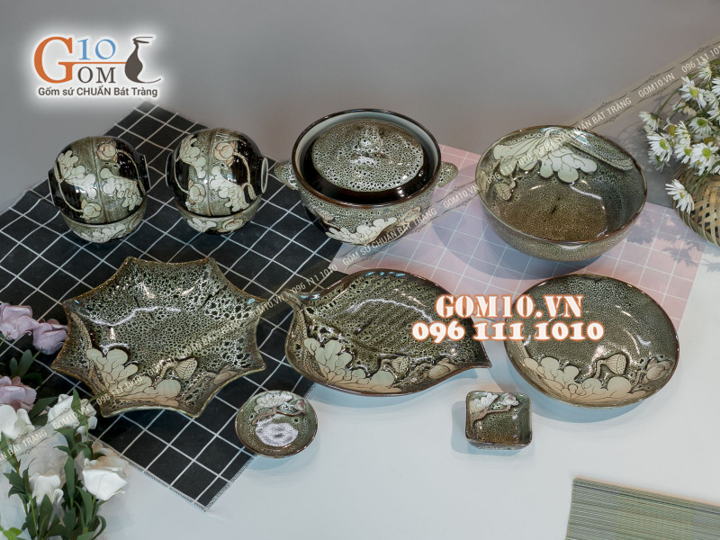 Bộ đồ ăn men hỏa biến gấm vàng khắc sen 002