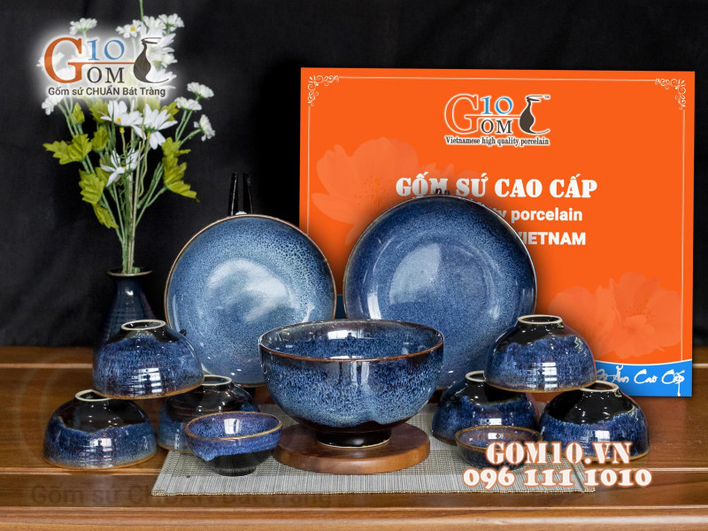 Bộ đồ ăn men hỏa biến xanh đá, 11 chi tiết