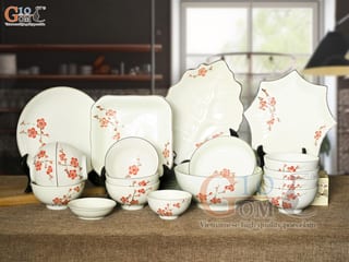 Bộ đồ ăn men kem vẽ hoa Đào đỏ, 18 chi tiết