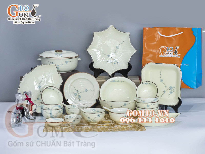 Bộ đồ ăn men kem vẽ hoa Đào Xanh chỉ nâu, 23 chi tiết