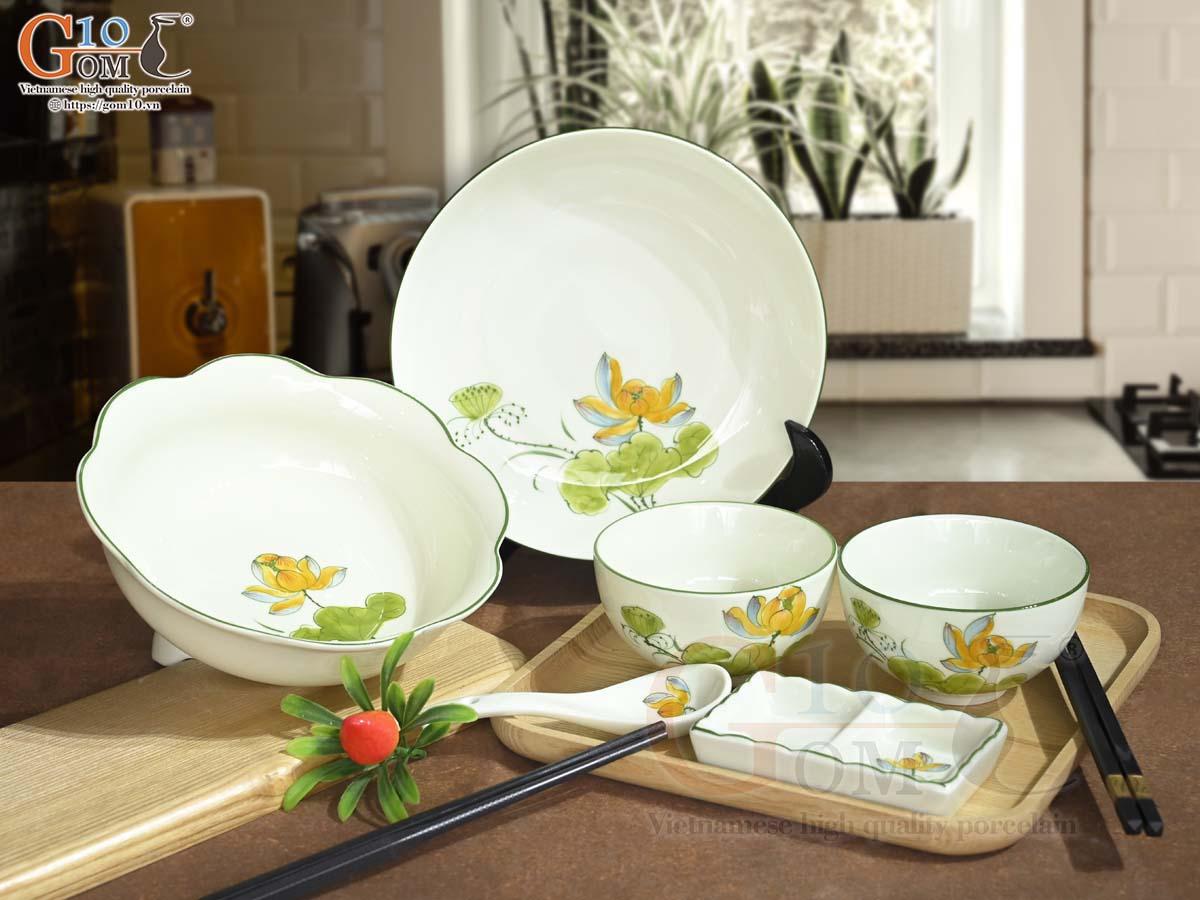 Bộ đồ ăn men kem vẽ hoa Sen vàng, 6 chi tiết