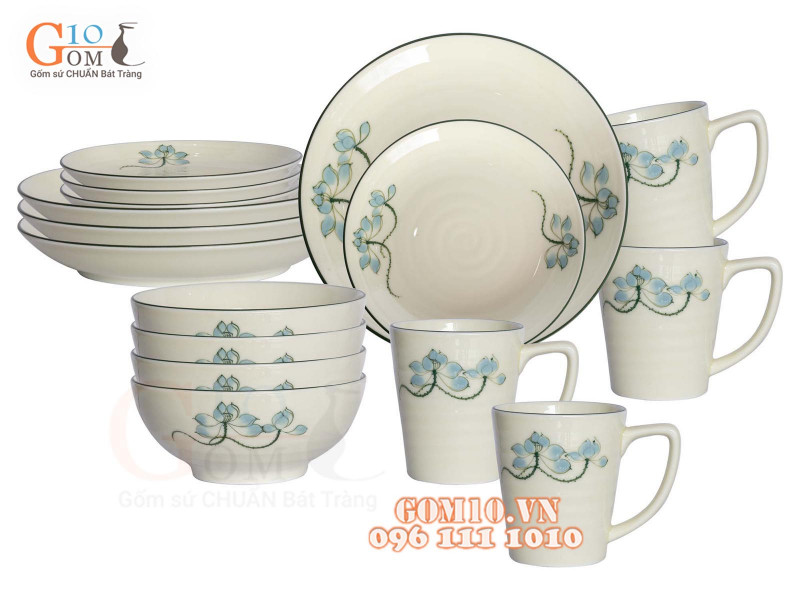 Bộ đồ ăn men kem vẽ hoa Sen xanh