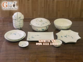 Bộ đồ ăn men kem vẽ lá Trúc xanh