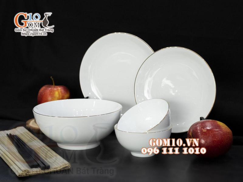 Bộ đồ ăn men trắng kẻ chỉ vàng kim, 5 chi tiết